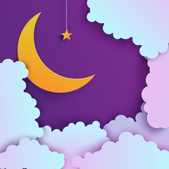 Night sky in paper cut style. Cut out 3d background with violet and blue gradient cloudy landscape with star on rope and moon papercut art. Cute origami clouds. Vector good night card.