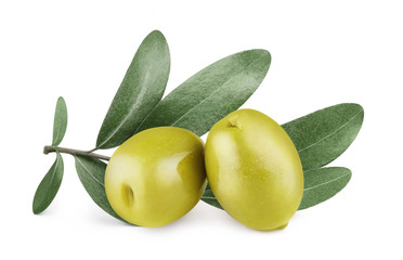 Pair of green olives with an olive branch, isolated on white
