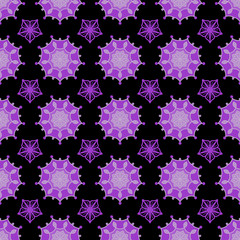 Seamless repeat pattern with purple flowers in on black background. drawn fabric, gift wrap, wall art design, wrapping paper, background, fabric print, web page backdrop.