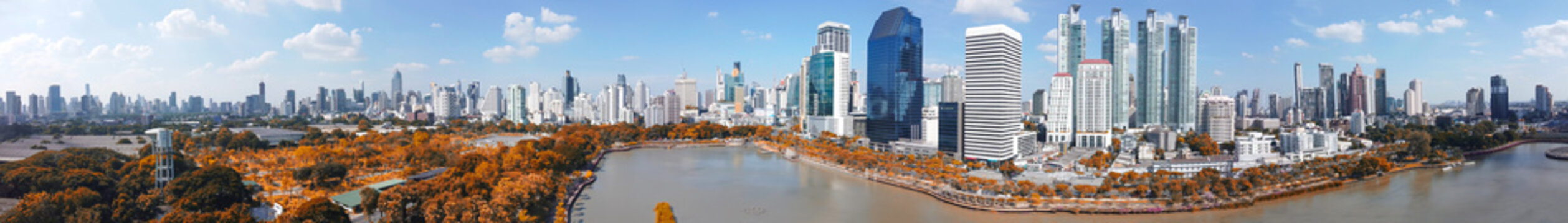 Aerial Panoramic View Of Bangkok Skyline From Benjakitti Park