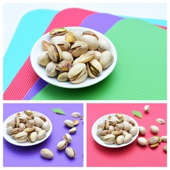 Pistachios collage on wooden background