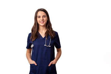 cheerful young female doctor with stethoscope over neck looking at camera isolated on white