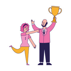 cartoon happy woman and businessman holding a trophy cup