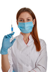Close-up photo of a female doctor in a white coat. The doctor holds a syringe with medicine in his hands. Doctor in a white coat on a white background.