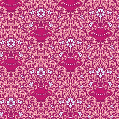 A pink flower vases ornamental seamless vector pattern. DEcorative vibrant surface print design. Great for cards, wrapping paper and fabrics.