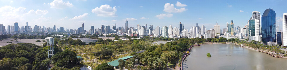 Fototapeta na wymiar Bangkok skyline, Thailand. Aerial view of city buildings from Benjakitti Park