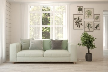 Mock up of stylish room in white color with sofa and green landscape in window. Scandinavian interior design. 3D illustration