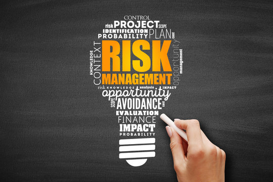 Risk Management light bulb word cloud, business concept background