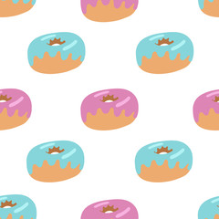 Donuts Seamless Pattern. Multi-colored donuts. Suitable for festive decor.Vector illustration of donuts.Hand drawn illustration. Delicious dessert
