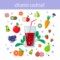 Transparent glass with cocktail, juice, straws on background of fruits. Apple, avocado, carrot, pear, pomegranate, kiwi, spinach, orange, strawberries, blueberries. Square banner. Vitamin