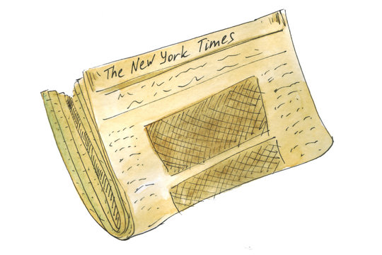 Newspaper New York Times Folded In Half. Watercolor Hand Drawn Illustration