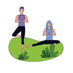woman and man doing yoga on the grass, colorful design
