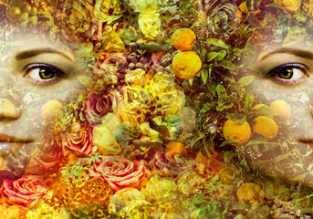 Art spring portrait of a woman with lemons and flowers