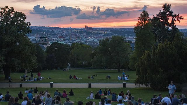 A View To The Prague Castle From The Riegrovy Sady During The Sunset Timelapse