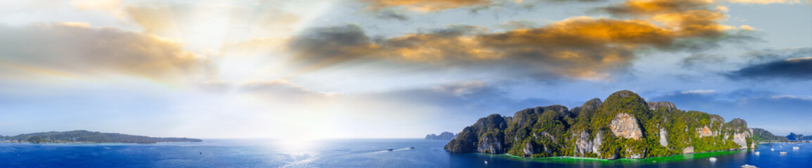 Monkey Beach panoramic aerial view, Phi Phi Islands, Thailand