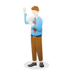 Employee or a businessman waving hand and holding something goods