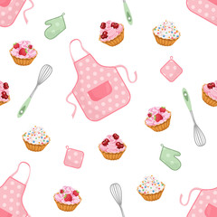 Confectionery seamless pattern. Vector illustration of sweet cupcake, pink apron, whisk, potholder and mittens isolated on white. Cartoon flat style. Kitchen, bakery, cooking background.