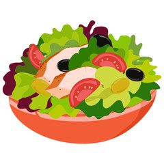 Vector drawing of fresh spring vitamin salad in a deep plate with lettuce, slices of tomato, olives and sliced ​​steak, red meat