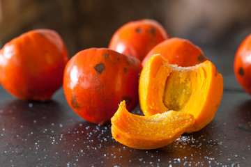 Slice of the exotic tropical fruit of Bactris gasipaes palm tree called chontaduro with salt