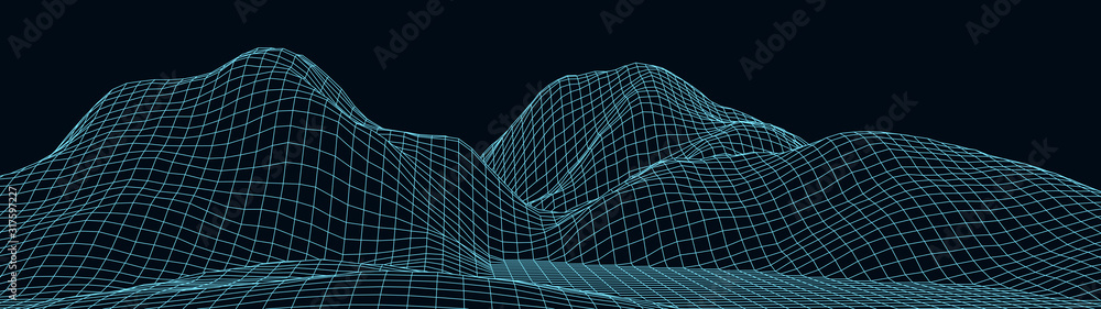Aufkleber vector wireframe 3d landscape. technology grid illustration. network of connected dots and lines.
