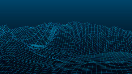 Vector gradient wireframe 3d landscape. Technology grid illustration. Network of connected dots and lines.