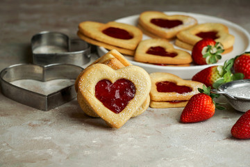 cookies in the form of hearts with strawberry jam, St. Valentine's day consept