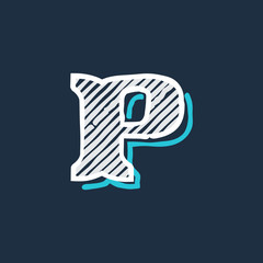 P letter logo hand drawn in victorian style with hatching and line shadow.