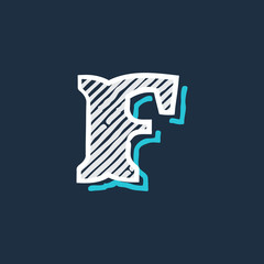 F letter logo hand drawn in victorian style with hatching and line shadow.