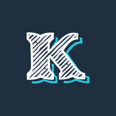 K letter logo hand drawn in victorian style with hatching and line shadow.