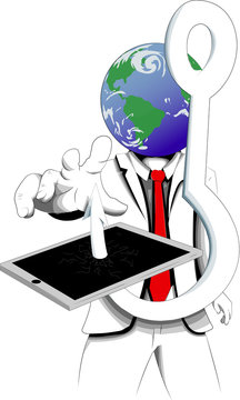 hombre con cabeza de planeta tierra cebado por el celular