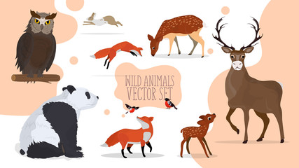 Set of wild animals. Deer, roe deer, panda, owl, fox, hare. Vector illustration.