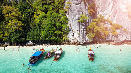 Lon Tail Wooden Boats in Thailand, aerial downward view