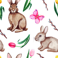 Watercolor spring easter seamless pattern, with rabbits, butterfly and flowers. Isolated on white background.