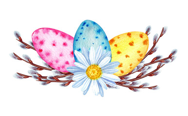 Watercolor spring easter composition with eggs, chamomile, pussy willow. Isolated on white background.