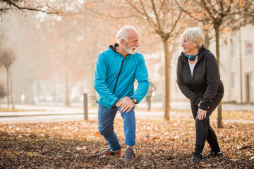 An elderly couple stretching their legs and talking while in the park.