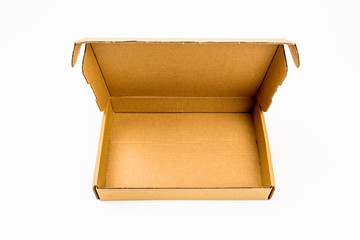 One opened rectangular cardboard box isolated on white background
