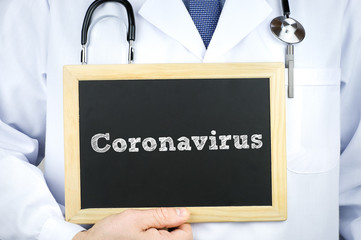 Coronavirus - doctor holding chalkboard with diagnosis