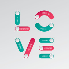 Love Logo as On Off Toggle Switch Buttons Square Composition with Love Me and Love Me Not Lettering Valentines Day Creative Concept - Blue and Red on White Background - Gradient Graphic  Design