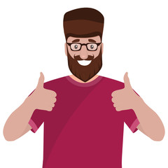 Man with a beard shows a thumb up like sign. Cartoon vector illustration, flat design