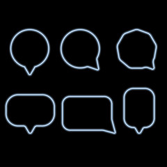 Set of six neon speech bubbles. Black background. Vector illustration.