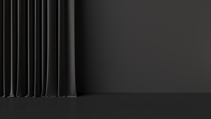 Minimalistic elegant dark black curtain on black wall. 3d image. 3d rendering.
