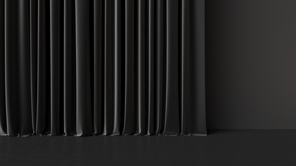 Minimalistic elegant dark black curtain on black wall. 3d image. 3d rendering.