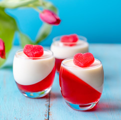 Panna Cotta in Valentines Day with hearts