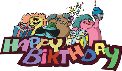 Happy Birthday Hand drawn lines,A cute and fun monster with many colors.