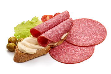 Thin salami sausage and cream cheese sandwich, isolated on white background