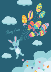 A cute happy bunny flying on easter eggs balloons in the sky. Happy Easter lettering. Beautiful greeting card. Vector hand drawn illustration with isolated elements.