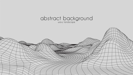 Abstract digital landscape with particles dots and stars on horizon. Wireframe landscape background. Big Data. 3d futuristic vector illustration. 80s Retro Sci-Fi Background