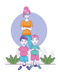 cartoon woman with little boys standing
