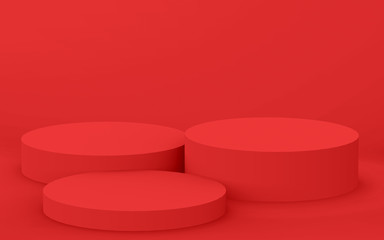3d red cylinder podium minimal studio background. Abstract 3d geometric shape object illustration render. Display for summer holiday product.