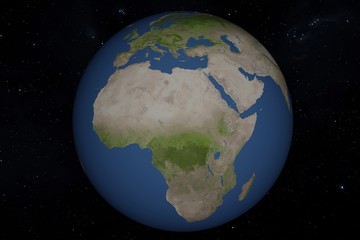 View on Europe and Africa. Earth Planet on stars background